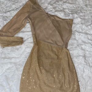 One Shoulder Rhinestone Mesh Dress